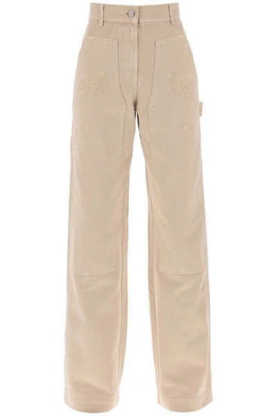 Shop Palm Angels Gd Bull Cargo Pants With Embroidered Palm Trees In Beige