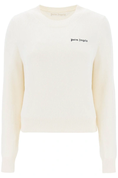 Shop Palm Angels Cropped Sweater With Logo Embroidery In White