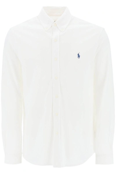 Shop Polo Ralph Lauren Long-sleeved Polo Shirt In Lightweight Cotton Mesh In White