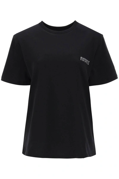 Shop Rotate Birger Christensen T-shirt With Padded Shoulders And Rhinestone-studded Logo In Black