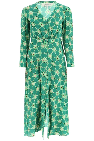 Shop Saloni 'lea' Long Shirt Dress In Silk Crepe In Green