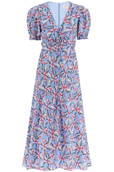 Shop Saloni Lea Long Dress In Printed Silk In Light Blue