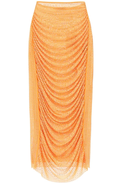 Shop Self-portrait Draped Pencil Skirt With Rhinestones In Orange