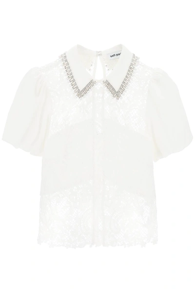 Shop Self-portrait Floral-lace Top With Appliques In White