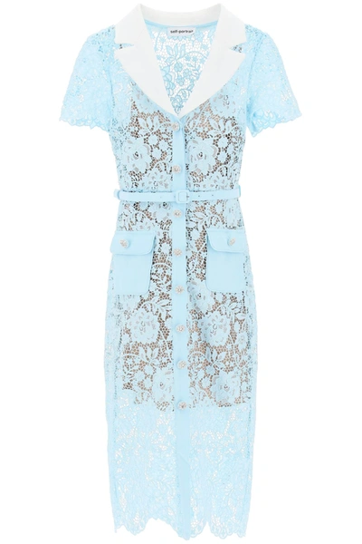Shop Self-portrait Midi Dress In Floral Lace With Contrasting Lapel And Jewel Buttons In Light Blue