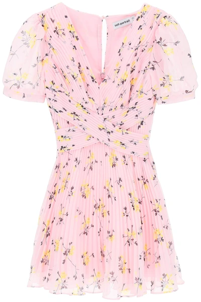 Shop Self-portrait Short-sleeved Mini Dress In Pleated Chiffon With Floral Motif In Pink