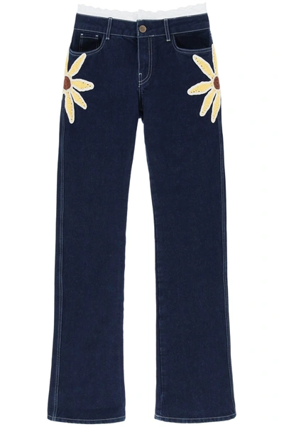 Shop Siedres Low-rise Jeans With Crochet Flowers In Blue