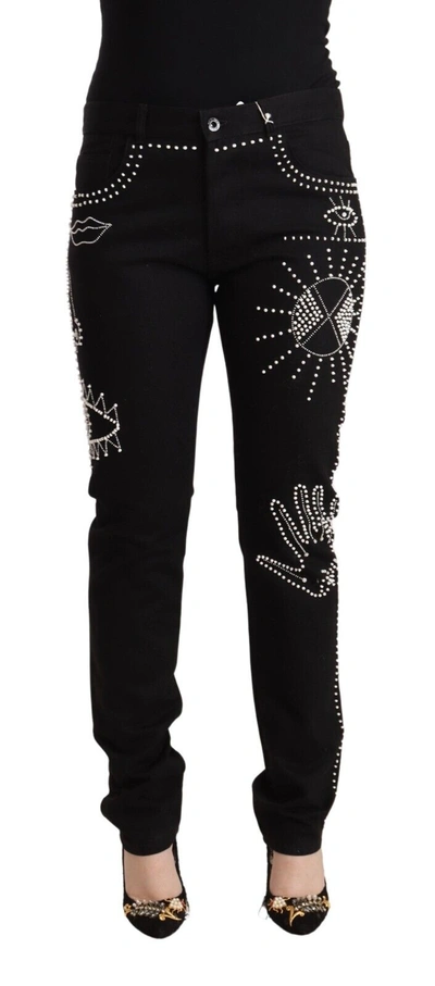 Valentino Black Cotton Mid Waist Embellished Slim Fit Jeans In Black