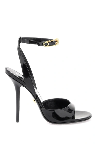 Shop Versace 'safety Pin' Patent Leather Sandals In Black