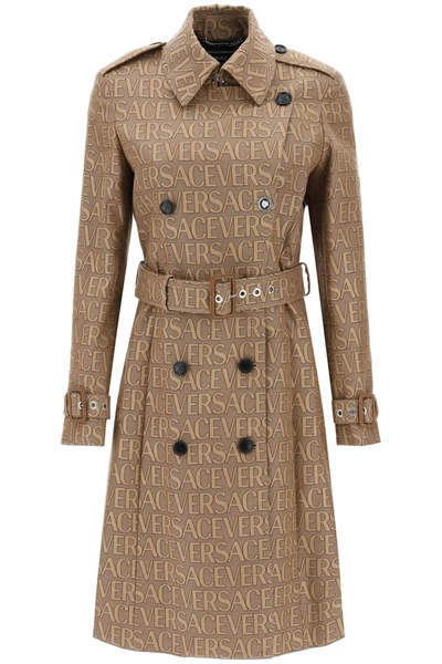 Shop Versace ' Allover' Double-breasted Trench Coat In Beige