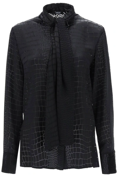Shop Versace Crocodile Effect Tie-neck Shirt In Black