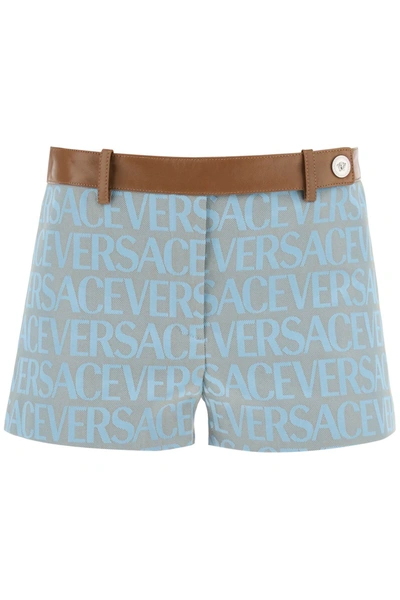 Shop Versace Monogram Shorts With Leather Band In Light Blue