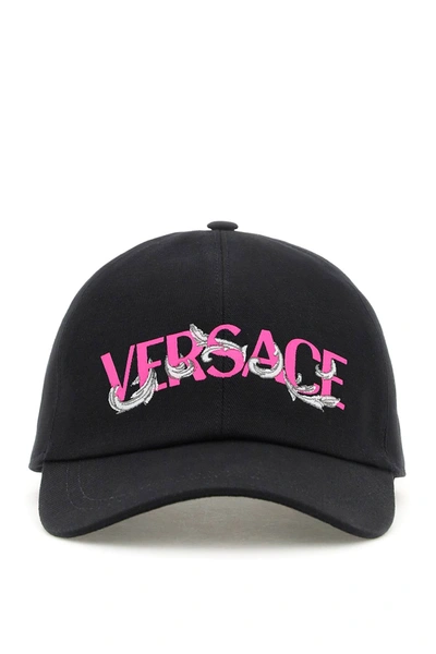 Shop Versace Printed Logo Baseball Cap In Black