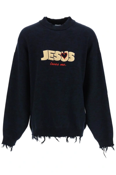 Shop Vetements Jesus Loves You Oversized Pullover In Blue