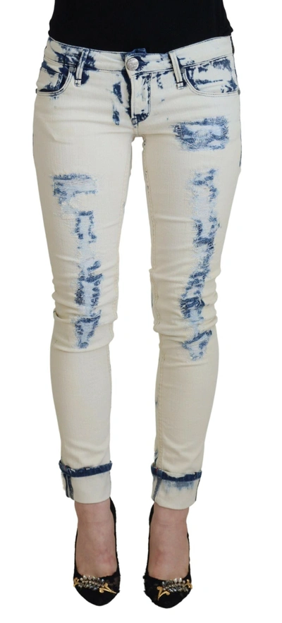 Shop Acht White Blue Cotton Skinny Women Tattered Denim Jeans In Blue And White