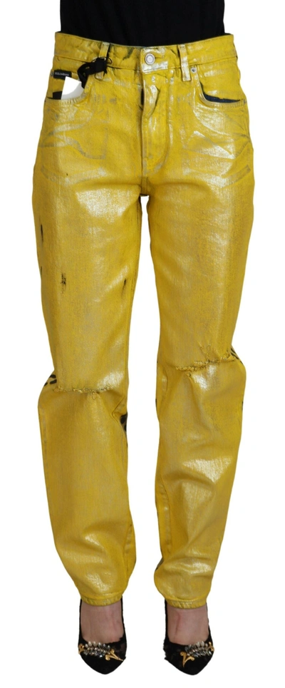 Shop Dolce & Gabbana Yellow Leopard Cotton Straight Denim Jeans