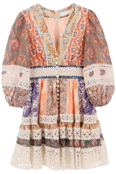 Shop Zimmermann Mini Dress With Balloon Sleeves In Multicolor