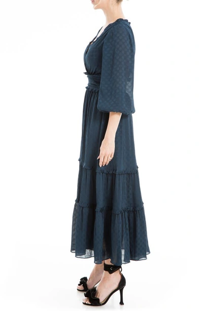 Shop Max Studio Long Sleeve Jacquard Satin Tiered Maxi Dress In Navy