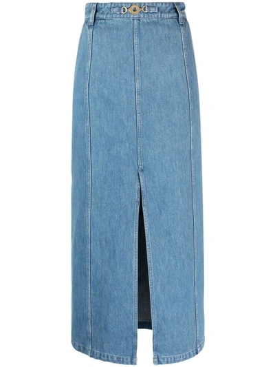 Shop Patou Denim Midi Skirt With Front Slit In Blue