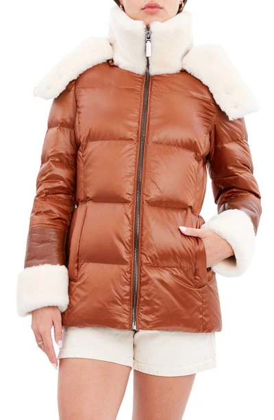 Shop Dawn Levy Puffer Jacket With Genuine Shearling Trim In Cognac