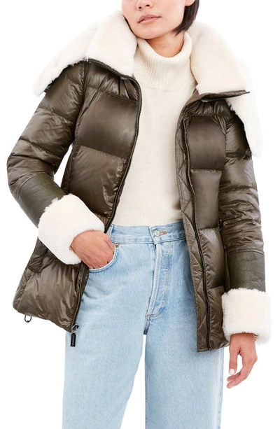 Shop Dawn Levy Puffer Jacket With Genuine Shearling Trim In Olive
