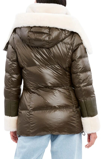 Shop Dawn Levy Puffer Jacket With Genuine Shearling Trim In Olive