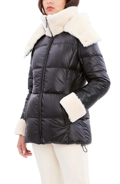 Shop Dawn Levy Puffer Jacket With Genuine Shearling Trim In Black