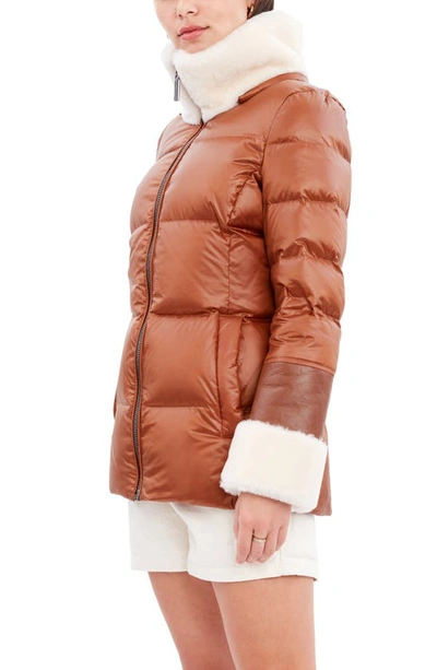 Shop Dawn Levy Puffer Jacket With Genuine Shearling Trim In Cognac