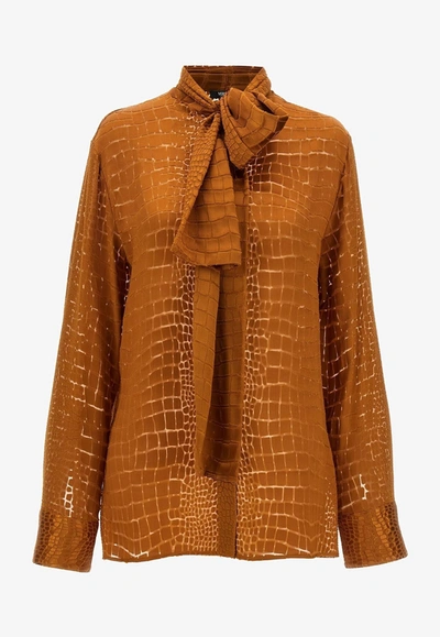 Shop Versace Croc-effect Scarf-tie Shirt In Orange