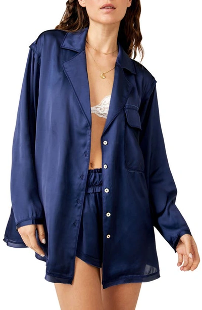 Shop Free People Like Honey Long-sleeve Satin Pajama Shirt In Navy Coat
