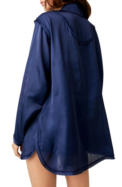 Free People Like Honey Long-sleeve Satin Pajama Shirt In Navy Coat