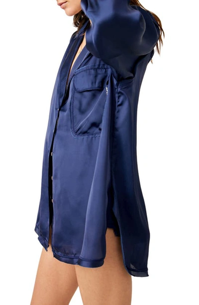 Free People Like Honey Long-sleeve Satin Pajama Shirt In Navy Coat