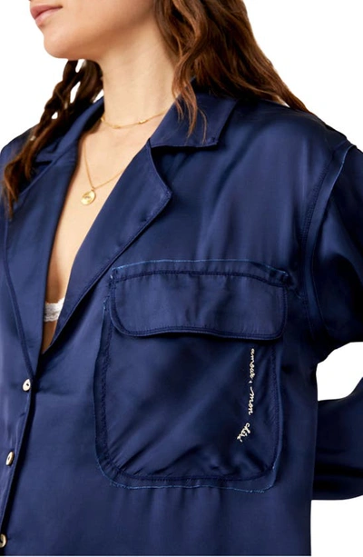 Shop Free People Like Honey Long-sleeve Satin Pajama Shirt In Navy Coat