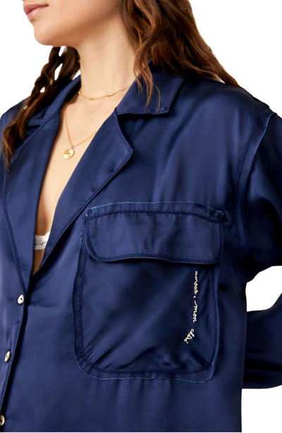 Free People Like Honey Long-sleeve Satin Pajama Shirt In Navy Coat