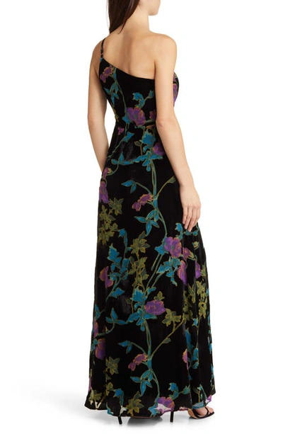 Shop Lulus Luxurious Romance Floral Velvet Burnout One-shoulder Gown In Black Floral Burnout