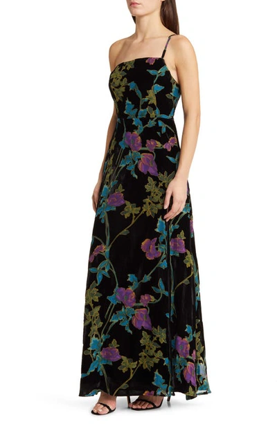 Shop Lulus Luxurious Romance Floral Velvet Burnout One-shoulder Gown In Black Floral Burnout