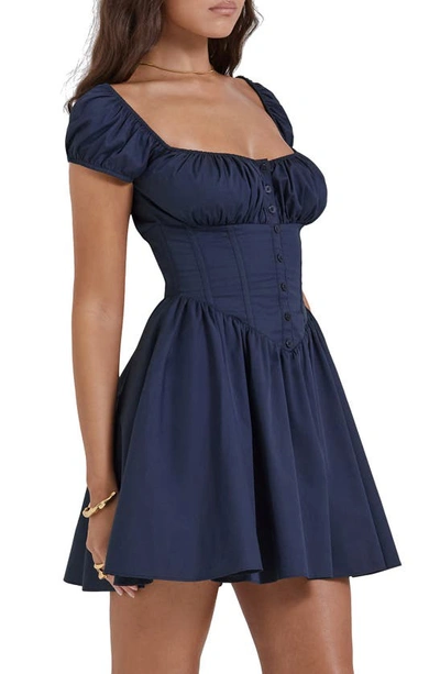 House Of Cb Nala Puff Sleeve Cotton Blend Minidress In French Navy