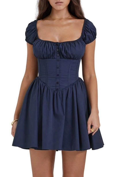 House Of Cb Nala Puff Sleeve Cotton Blend Minidress In French Navy
