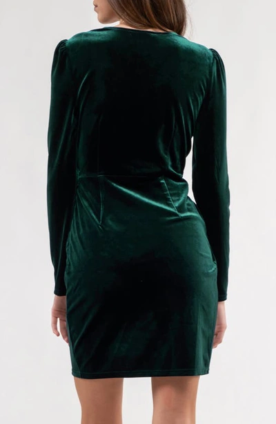 August Sky Long Sleeve Velvet Faux Wrap Minidress In Hunter Green
