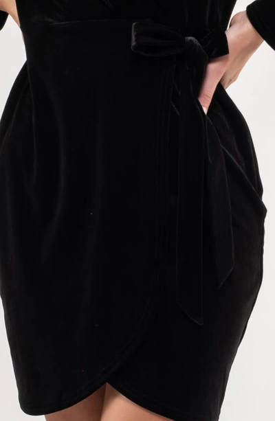 August Sky Long Sleeve Velvet Faux Wrap Minidress In Black
