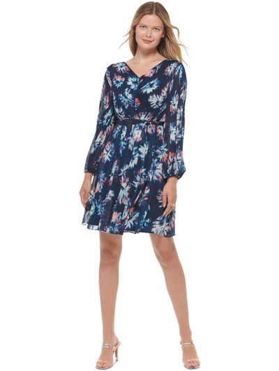 Shop Dkny Womens Chiffon Floral Fit & Flare Dress In Blue