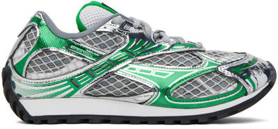 Shop Bottega Veneta Silver & Green Orbit Sneakers