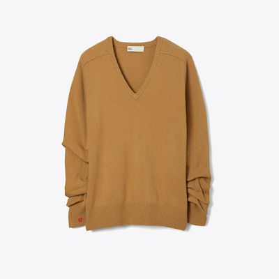 Shop Tory Burch Wool V-neck Sweater In Warm Sand Mélange