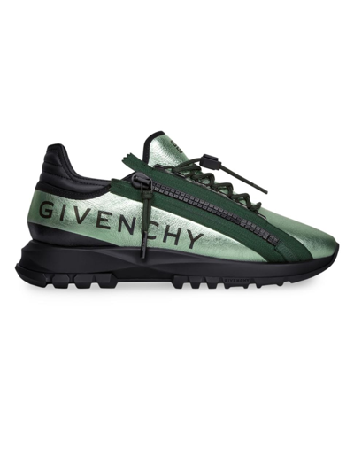 Shop Givenchy Men's Spectre Runner Sneakers In Laminated Leather With Zip In Green Silvery