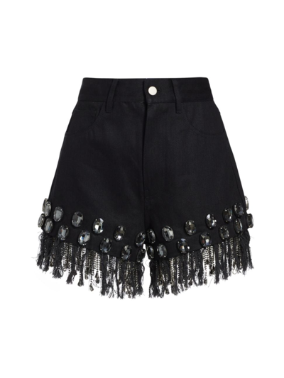 Shop Christian Cowan Women's Crystal-embellished Fringe Denim Shorts In Black