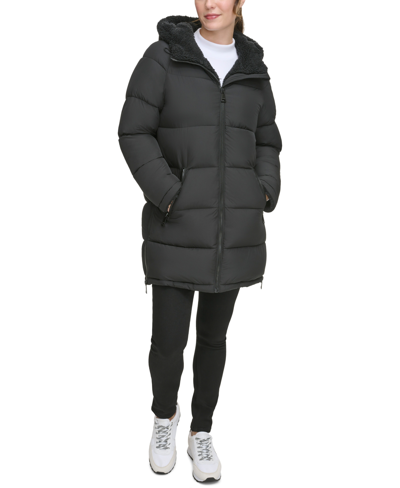 Shop Calvin Klein Women's Faux-fur-lined Hooded Puffer Coat In Black