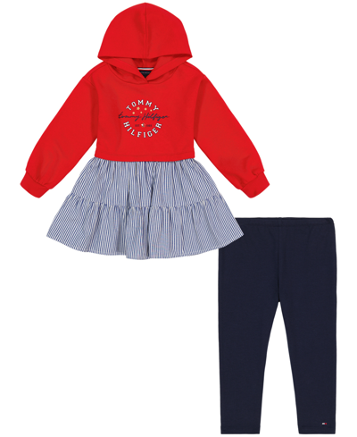 Shop Tommy Hilfiger Toddler Girls Signature Glitter Logo Hoodie Dress And Leggings, 2 Piece Set In Red