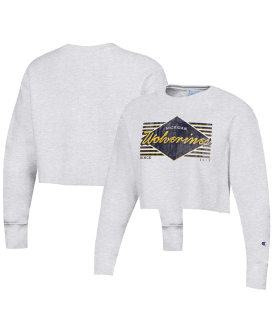 Shop Champion Women's  Heather Gray Distressed Michigan Wolverines Reverse Weave Cropped Pullover Sweatshi