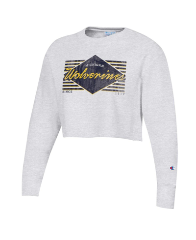 Shop Champion Women's  Heather Gray Distressed Michigan Wolverines Reverse Weave Cropped Pullover Sweatshi