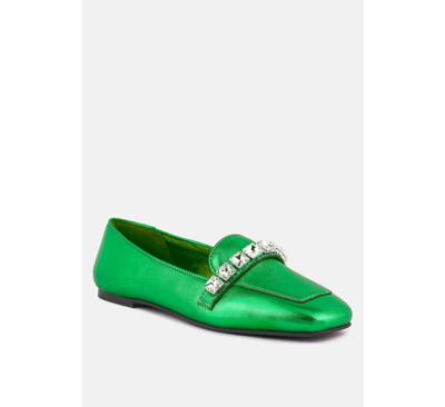 Shop Rag & Co Churros Womens Diamante Embellished Metallic Loafers In Green